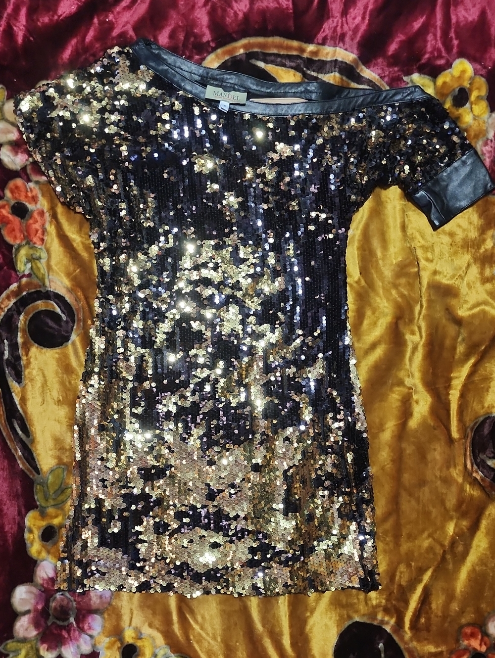 VEGAS Casino Off Shoulder Sequin Short Dress -Black & Gold Mandel Uniforms